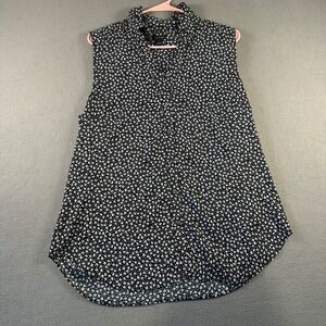 Ann Taylor Sleeveless Floral Button Down Blouse Black White Large Casual Career